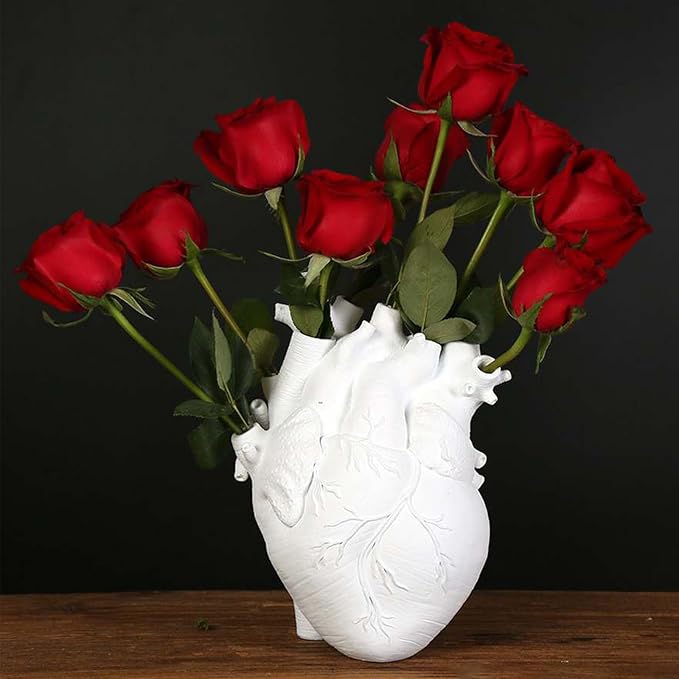 Resin Vase Planter, Decorative Heart Vase - Anatomical Heart Tabletop Decorative Craft, Farmhouse Living Room Bedroom Countertop (White,Small)
