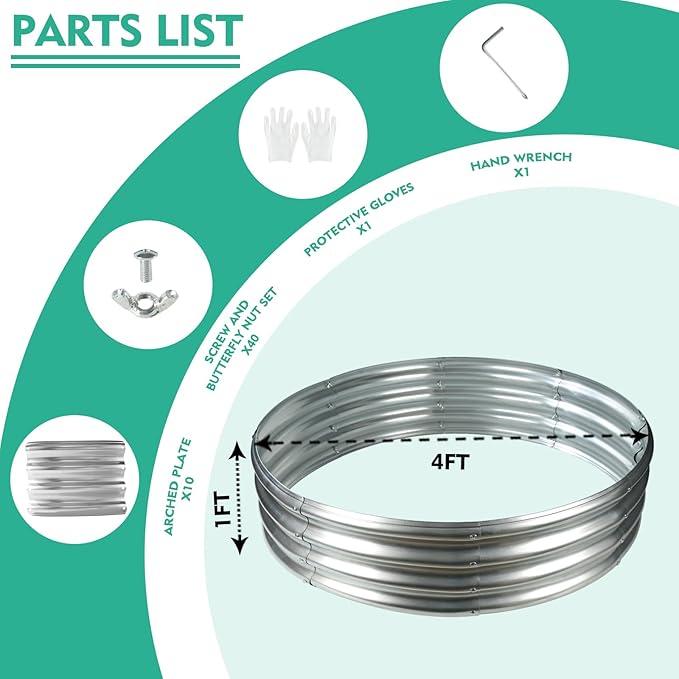 48 Inch Diameter Galvanized Garden Raised Bed/Plant Box/Fire Pit Ring-0.8mm Thick,12 Inch Tall,Crimped Edge and Corner,No Sharpe,Perfect for Plantings (Silver, 48 Dia X 11.5 inches)