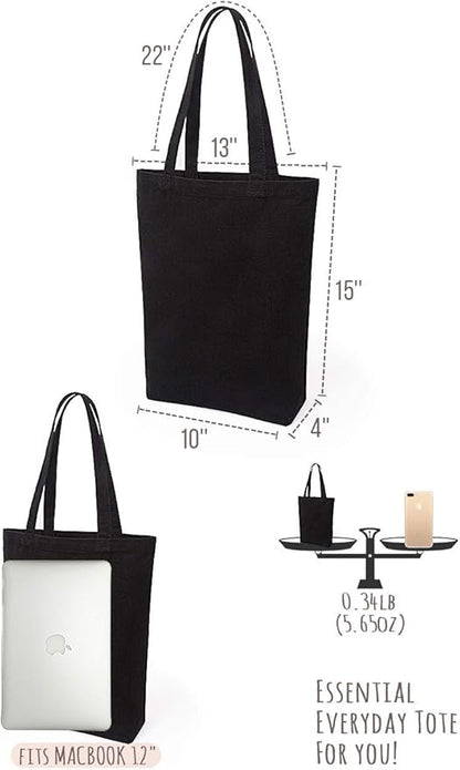 Lily queen Natural Canvas Tote Bags DIY Reusable Shopping Grocery Bag (Black - 6 Pack)