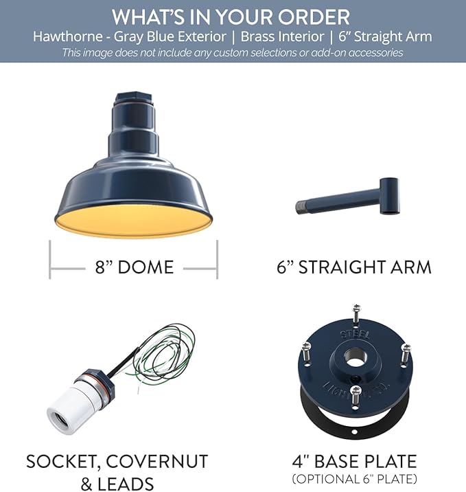 Steel Lighting Co. | Dusk to Dawn | Hawthorne Barn Light | Outdoor Wall Mounted | 8 in Dome | 6 in Straight Arm| Small Farmhouse Light Made in America | Gray Blue/Brass
