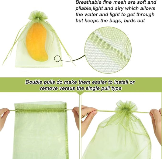 100pcs Fruit Protection Bags 6x9 inch, Green Netting Cover Bags Drawstring Mesh Fruit Protectors Pest Barrier for Tomato Mango Trees Veggies Garden