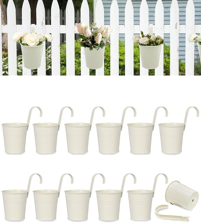 12 Pack Railing Planter for Outdoor Plants - 4 Inch Small Balcony Hanging Flower Pots with Detachable Hooks and Drain Holes Metal Oval Bucket Rail Box Fence Planters for Home Garden Decor, Cream White