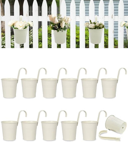 12 Pack Railing Planter for Outdoor Plants - 4 Inch Small Balcony Hanging Flower Pots with Detachable Hooks and Drain Holes Metal Oval Bucket Rail Box Fence Planters for Home Garden Decor, Cream White