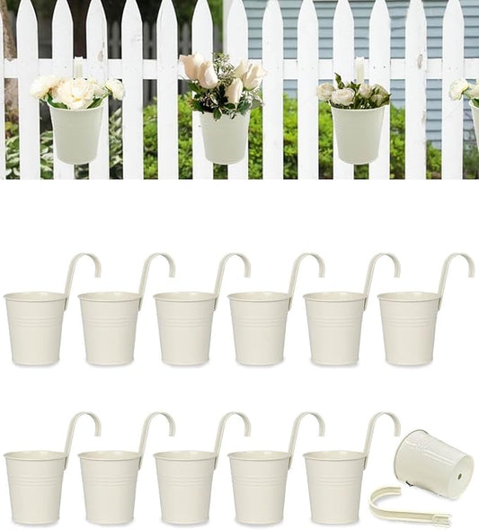 12 Pack Railing Planter for Outdoor Plants - 4 Inch Small Balcony Hanging Flower Pots with Detachable Hooks and Drain Holes Metal Oval Bucket Rail Box Fence Planters for Home Garden Decor, Cream White