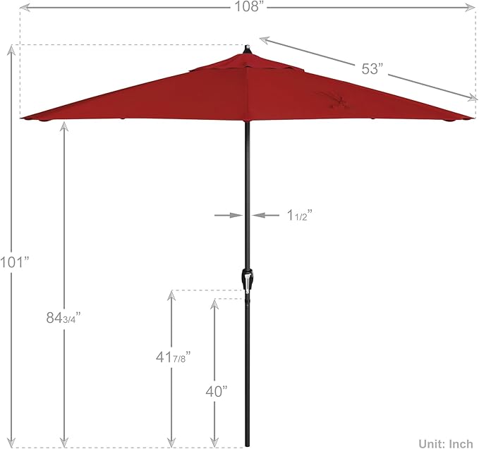 California Umbrella 9' Rd Aluminum Patio Umbrella, Crank Lift, Auto Tilt, Black Finish, 4yr Fade Warranty, Red