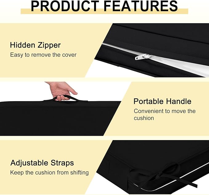 downluxe Waterproof Outdoor Chair Cushions for Patio Furniture, 19" x 19" x 2" Patio Chair Cushion with Adjustable Ties & Portable Handle, Square Outdoor Cushion with Removable Cover, Black, 2 Pack