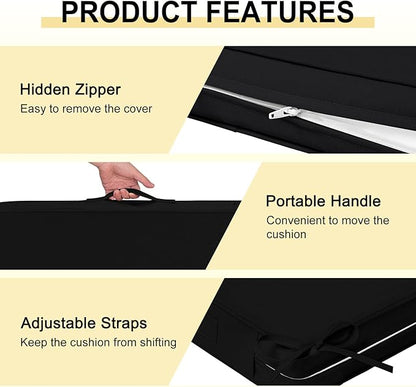 downluxe Waterproof Outdoor Chair Cushions for Patio Furniture, 19" x 19" x 2" Patio Chair Cushion with Adjustable Ties & Portable Handle, Square Outdoor Cushion with Removable Cover, Black, 2 Pack