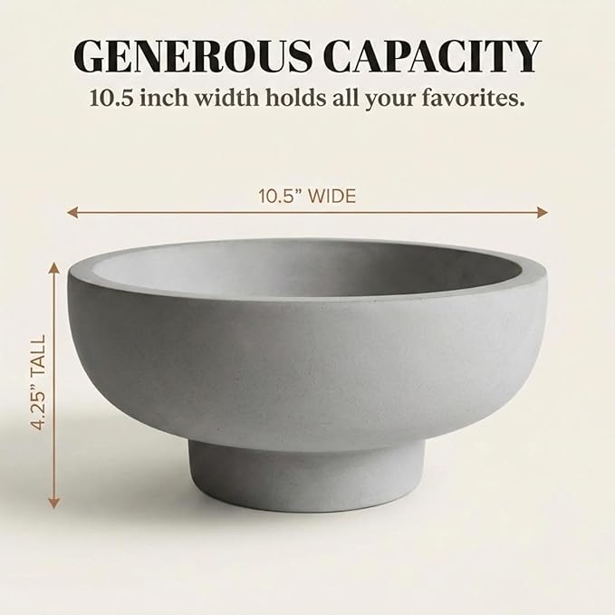 OAKOA Concrete Fruit Bowl for Kitchen Counter - Large Decorative Bowls for Home Decor - Modern Key Bowl for Entryway Table - Footed Pedestal Bowl for Keys