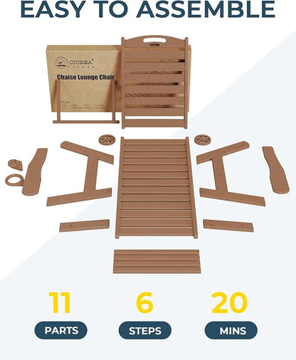 Lounge Chair Outdoor, Oversized Chaise Lounge Chair with 5 Positions, HDPE, Patio Lounge Chair with Wheels & Cup Holder for Pool, Deck, Poolside, Teak