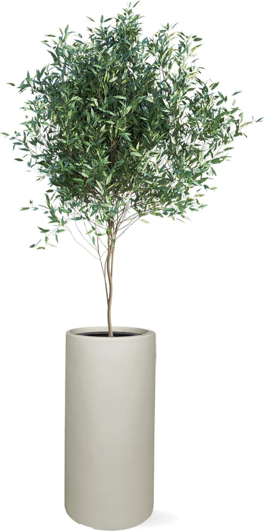 19.5" H x 9.8" D Tubo Fiberstone Cylinder Tall Planter with Drainage Hole, Smooth Finishes, Weather Resistant, Included 2 Extra Coco Mats (Light French Gray, 8.2" Pot Opening)