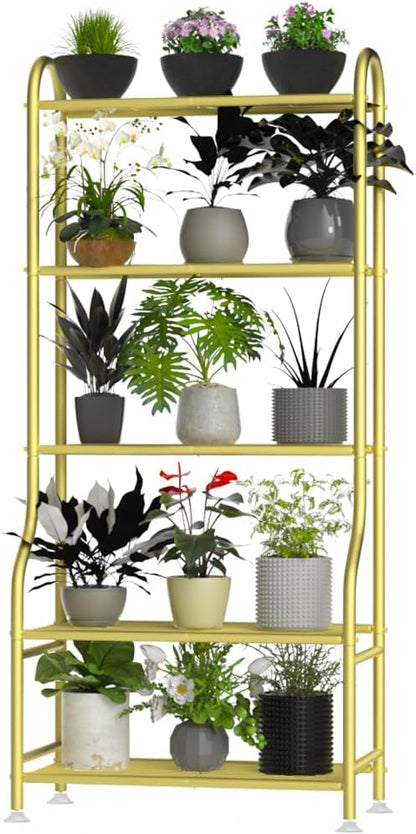 5-Tier Metal Plant Stand - Heavy Duty Indoor Outdoor Flower Shelf for Multiple Pots, 65" Tall Vertical Holder with Adjustable Leveling Feet & Wall-Fixing Kits, Gold