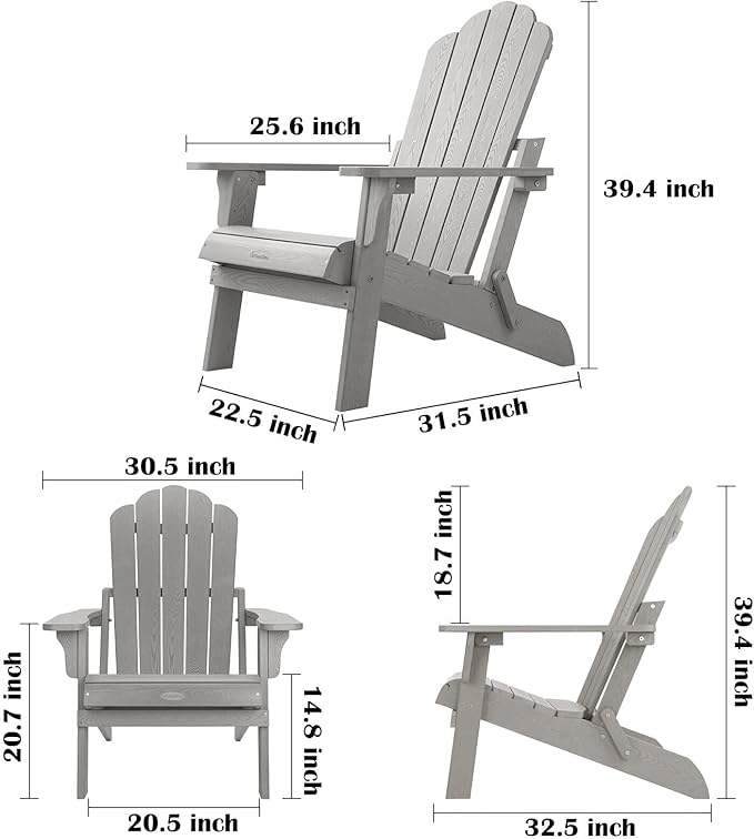 hOmeHua Folding Adirondack Chair, HIPS Foldable Adirondack Chairs Weather Resistant, Plastic Outdoor Chair for Patio, Backyard Deck, Fire Pit Lawn Porch (Grey)