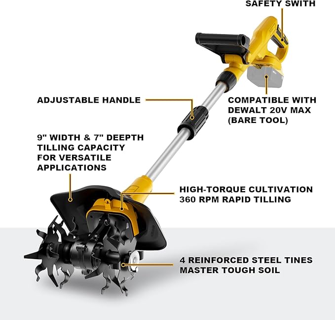 Cordless Garden Tiller Cultivator, Compatible with DeWalt 20V MAX Battery, 360 RPM High Torque, 9" Width x 7" Depth, Lightweight Garden Soil Tool for Weeding, Tool Only-Battery Not Included