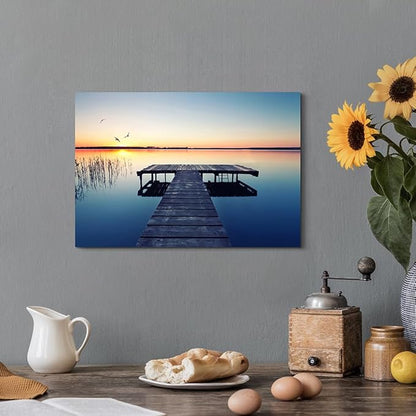 Hardy Gallery lake wall art pier picture: scenic nature canvas wall art lake scene artwork dock scenery wall decor painting - sunset landscape prints for bedroom house 16"x11"