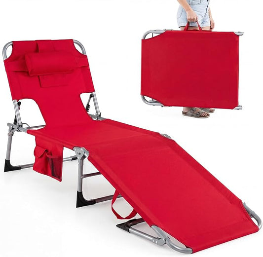 GYMAX Tanning Chair with Face Hole, Sun Bathing Lounge Chairs for Outside with Side Pocket, Folding Portable Face Down Layout Tanning Chair Beach, Backyard, Poolside, Lawn (Red,1)