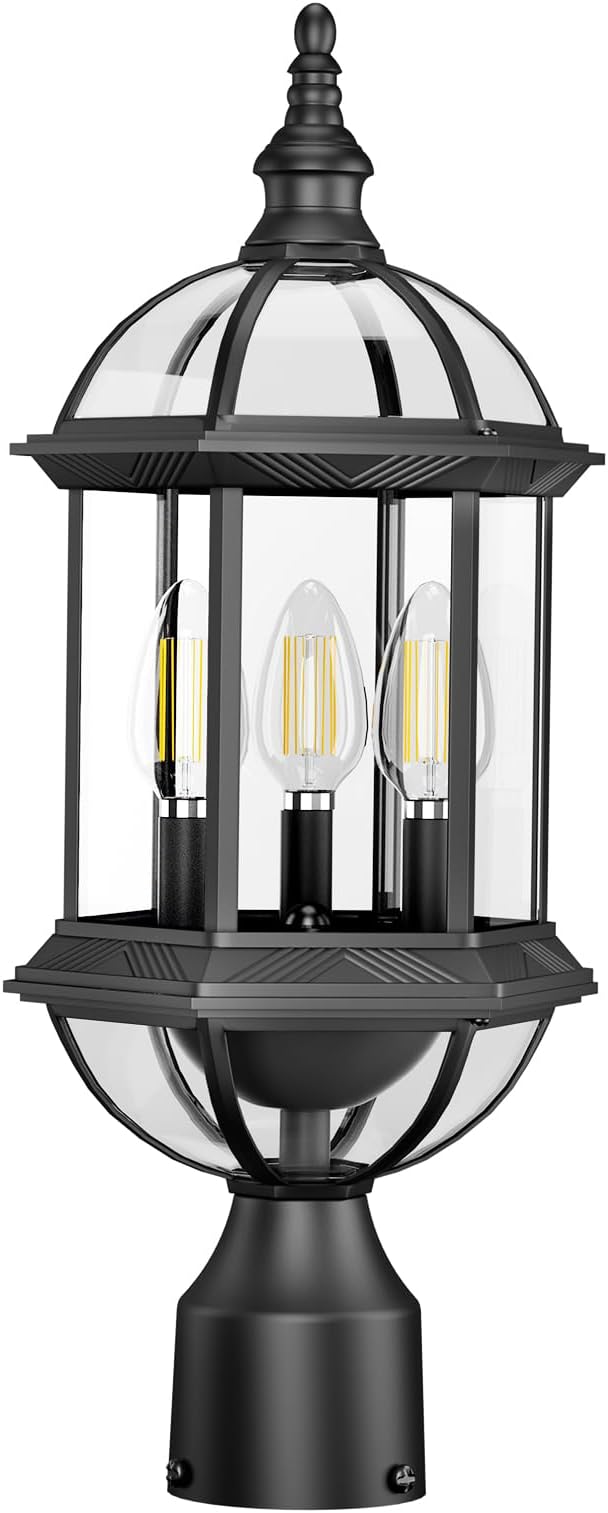 Outdoor Post Lights,19.21" 3-Light Lamp Post Light Fixture,Hardwired 120V Exterior Waterproof Pole Lighting,Modern Black Aluminum Lantern for Garden, Yard, Patio, Pathway