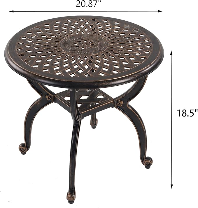Cast Aluminum Outdoor Side Table, All Weather Round Small Coffee Table for Patio,Park,Lawn,Yard (21" Bronze)