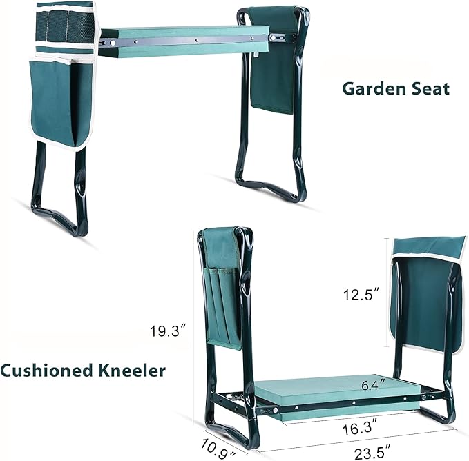 Ohuhu Garden Kneeler and Seat, Heavy Duty Garden Stool with EVA Foam Kneeling Pad, Foldable Gardening Bench with 2 Tool Pouches, 2-in-1 Portable Gardening Supplies, for Seniors