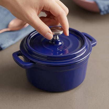 Flavehc Mini Cocotte 16 oz Mini Dutch Oven 0.5 qt. Cast Iron Garlic Roaster for Oven Garlic Confit Pot Ramekins with Lids Oven Safe Set of 2, Blue