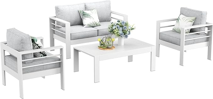 LayinSun Outdoor Aluminum Furniture Set, 4 Pieces Patio Sectional Conversation Chat Sofa Modern Seating Set with Coffee Table