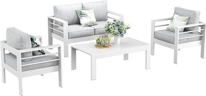 LayinSun Outdoor Aluminum Furniture Set, 4 Pieces Patio Sectional Conversation Chat Sofa Modern Seating Set with Coffee Table