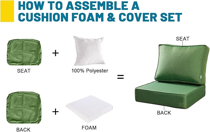 ARTPLAN Olefin 24x24 Deep Seat Patio Cushions for Outdoor Furniture,Extra 6 inch Thick,Back 18"x24",Removable,Replacement,Solid/Floral,Outdoor/Indoor,Invisible Green