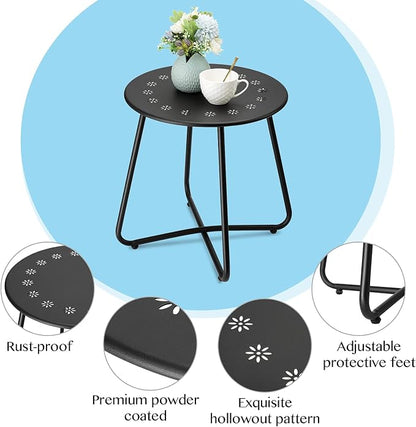 danpinera 2 Outdoor Side Tables with Flower Cut Outs, Weather Resistant Steel Patio Side Table, Small Round Outdoor End Table Metal Side Table for Patio Yard Balcony Garden Black, Set of 2