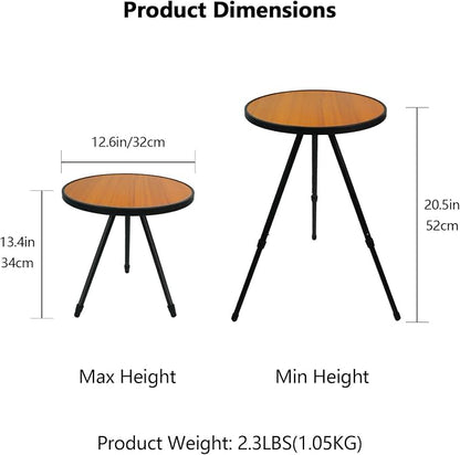 Small Folding Table Round Portable Patio Table Tool-Free Assembly Height Adjustable Side Table Easy to Carry and Move (Brown)