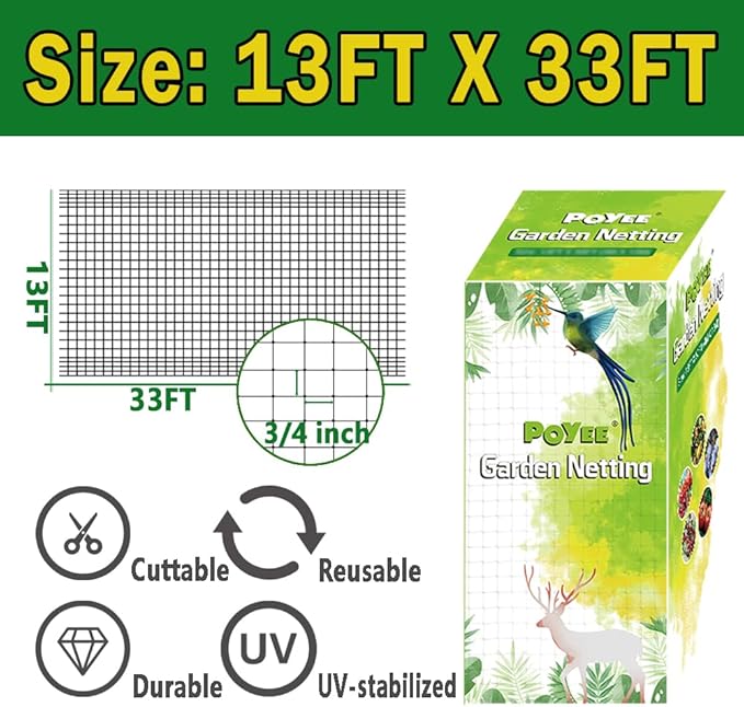 Bird Netting, 13x33FT Garden Netting for Fruit Trees Plants Strawberry Blueberry Bush Protection Anti Birds, Deers, Squirrels and Other Animals