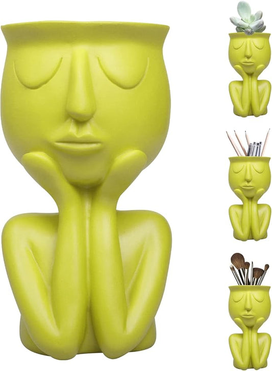 Simple and Creative Decorative Flower Pots, Resin Face Planter Pots, Vase for Small Succulent, Flower Pot Pencil Pen Holder, Minimalist Decorative, Modern Vases for Home Office Shelf Decor (Yellow)