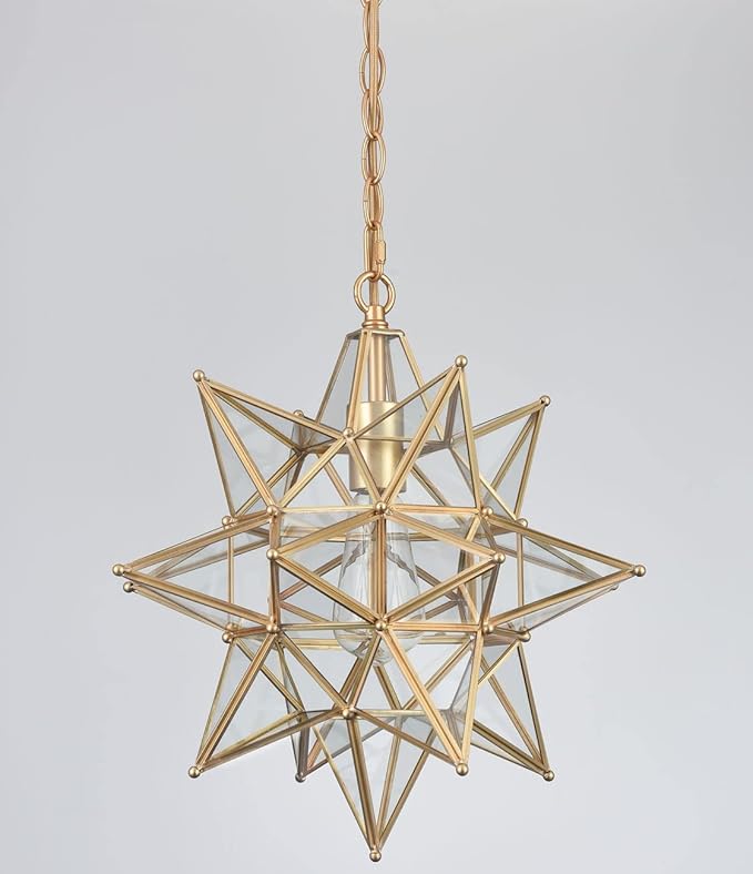 DIRYZON Modern Moravian Star Pendant Light for Kitchen Island Boho Gold Hanging Ceiling Light with Clear Glass Adjustable Chain,16 Inch