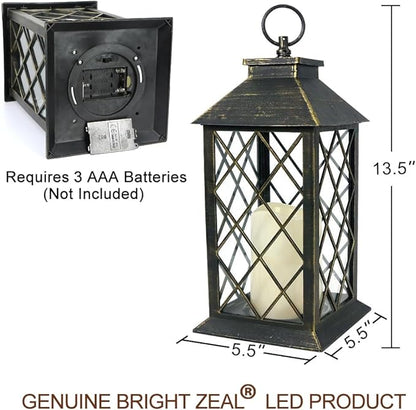 Bright Zeal 13.5" Outdoor Candle Lantern Decorative with LED Pillar Candle Battery Powered (Distressed Gold, 6hr Timer) - IP44 Waterproof Decorative Tabletop Lanterns Hanging Lanterns Indoor Outdoor