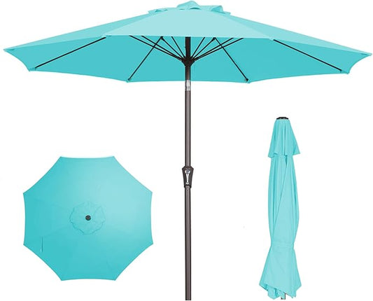 PatioKingdom 9FT Patio Outdoor Umbrella-UPF 50+ Sun Shade with Wind Vent, Push-Button Tilt & Smooth Crank Lift, Rust-Resistant Fiberglass Frame for Garden, Backyard,Yard (Peacock Blue, 9FT)