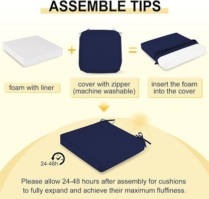 downluxe Waterproof Outdoor Chair Cushions for Patio Furniture, 18" x 18" x 2" Patio Chair Cushion with Adjustable Ties & Portable Handle, Square Outdoor Cushion with Removable Cover, Navy, 2 Pack