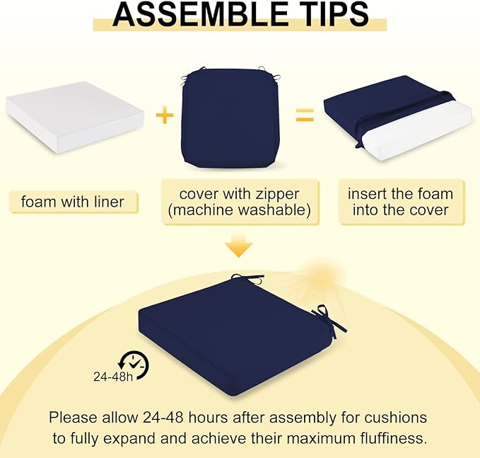downluxe Waterproof Outdoor Chair Cushions for Patio Furniture, 22" x 22" x 3" Patio Chair Cushion with Adjustable Ties & Portable Handle, Square Outdoor Cushion with Removable Cover, Navy, 2 Pack