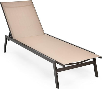 Tangkula Outdoor Chaise Lounge Chair, 6-Position Adjustable Reclining Chair with Breathable Fabric and Heavy Duty Steel Frame, Patio Lounge Chair for Garden, Backyard and Poolside (1, Brown)