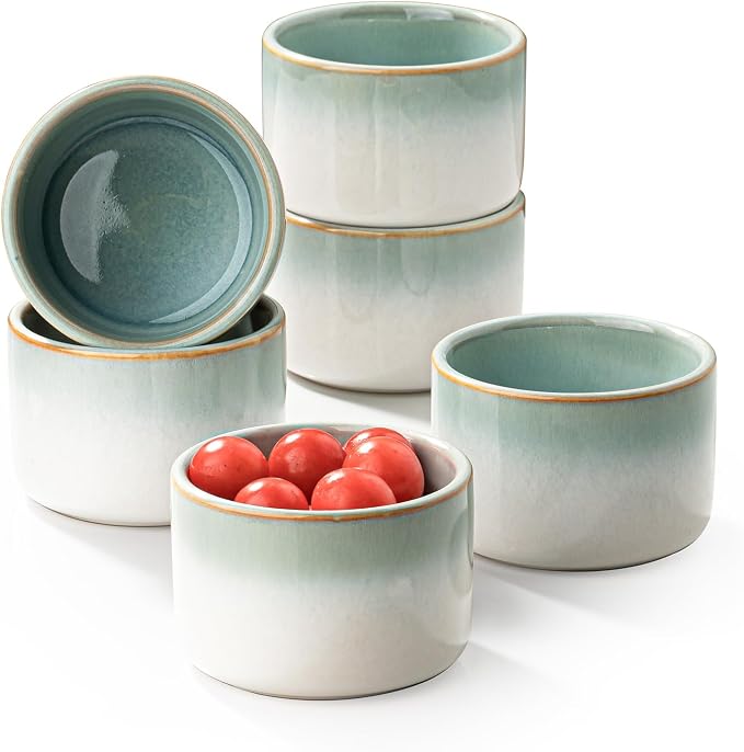 Ramekin Set, UNICASA 8 oz Creme Brulee Ramekins, Oven Safe Baking Set for Custard, Pudding, Souffle Cups, Reactive Gray (Light Blue, 8oz x 6pc)