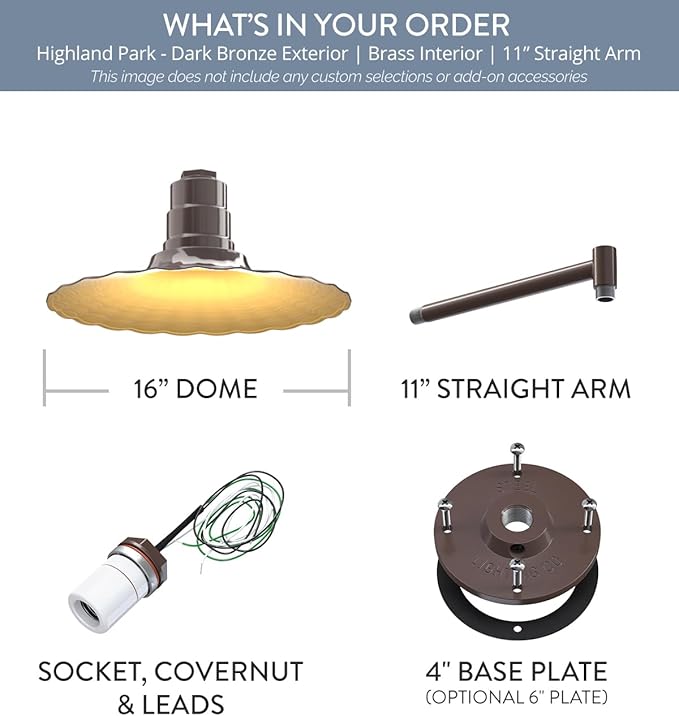 Steel Lighting Co. Highland Park Barn Light | Outdoor Wall Mounted | 16 inch Radial Wave | 11" Straight Arm | Vintage Style Made in America | Dark Bronze Exterior/Brass Interior