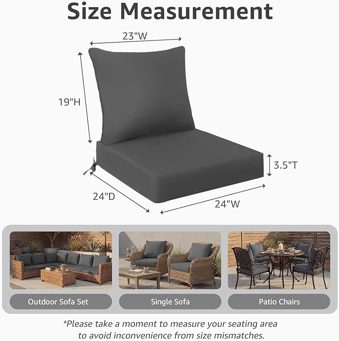 PatioGlow Outdoor Seat Cushion Set, 24" x 24" x 3.5", Set of 2, Water-Resistant & Fadeness Patio Furniture Cushions with Removable Cover & Ties, Thick Deep Seating Pads for Outside Sofa Couch, Grey