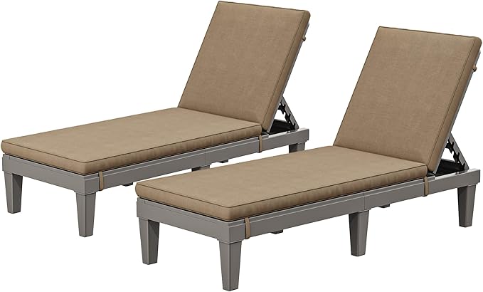 YITAHOME Outdoor Chaise Lounge Chair, Plastic Pool Chaise Lounge with Cushions & 5-Position Backrest, Easy Assembly & Waterproof for Patio & Poolside, Set of 2, Brown