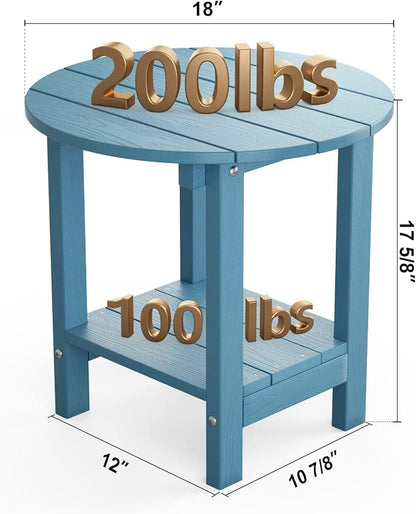 MXIMU Round Outdoor Side Table Adirondack Tables 18 Inch Chairside End Tables with Storage Shelf, 2-Tier Plastic Patio Side Table, Weather Resistant for Balcony Backyard Lawn (Blue, 2 Pack)