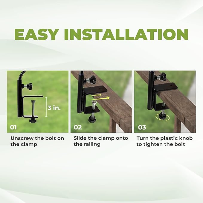 Idzo Deck Bird Feeder Hanger for Railing, 43in Deck Hook for Bird Feeder Pole, Sturdy 1 Piece Solid Steel Construction, 3in Non-Slip Clamp, Black