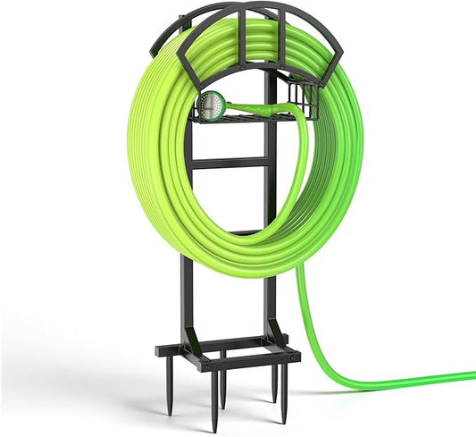 LASZOLA Garden Water Hose Holder Hanger for Outside, Freestanding Garden Hose Reel Rack Outdoor with Storage Basket, Heavy Duty Metal Water Pipe Stand 5 Spikes for Patio Yard Lawn, Holds 151ft, Black