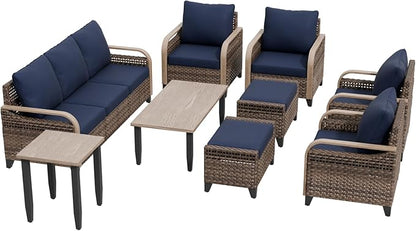 Modern Wicker Patio Furniture Set, Rattan Outdoor Conversation Set, 4 Swivel Rocking Chairs, 3 Seat Couch, 2 Ottomans, Coffee Table and Side Table, 9 Pieces, Brown/Blue