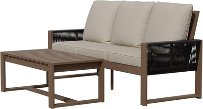 Rustic Hideaway Natural Cedar Wood Outdoor Furniture Set, Wicker Patio Conversation Set for Porch Garden Backyard, Couch and Coffee Table, 2 Piece, Brownish/Beige