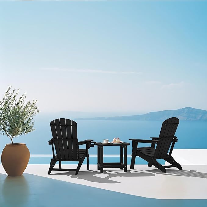 Plawdlik Folding Adirondack Chair, Cup Holder, SGS Tested, Wooden Textured，Heavy All-Weather HDPE Comfortable Set Poolside Backyard Lawn Black Set 2
