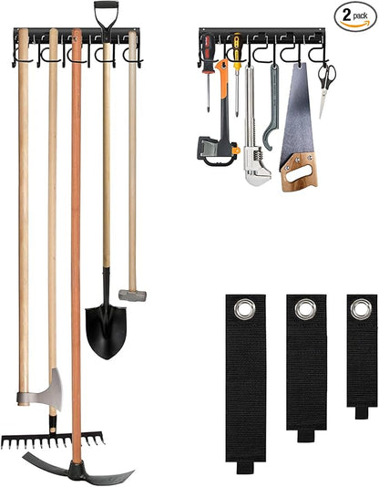 LEYU Metal Garage Tool Organizer Wall Mount, 2 Pack Garden Tool Organizer With Extension Cord Straps, Garage Organization Hooks and Hangers for Shed, Yard Storage, Wall Holder for Hanging Broom Mop
