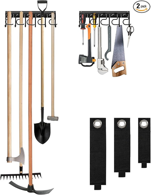 LEYU Metal Garage Tool Organizer Wall Mount, 2 Pack Garden Tool Organizer With Extension Cord Straps, Garage Organization Hooks and Hangers for Shed, Yard Storage, Wall Holder for Hanging Broom Mop