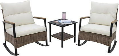EAGLE PEAK 3 Piece Mojave Dusk Outdoor Conversation Set, Patio Wicker Furniture, 2 Rocking Chairs and Side Table, Light Brown/Beige