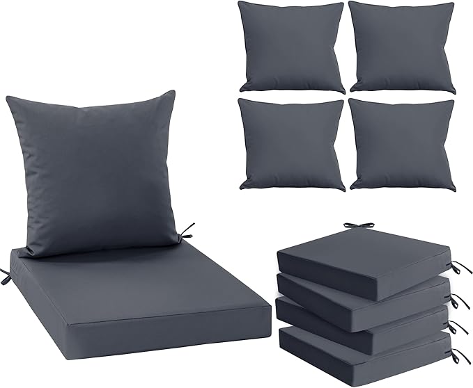 Waterproof Outdoor Cushions for Patio Furniture, Fade Resistant Backrest and Deep Seat Cushion Set with Removable Cover, 22 x 22 Inch, Dark Grey, Set of 4